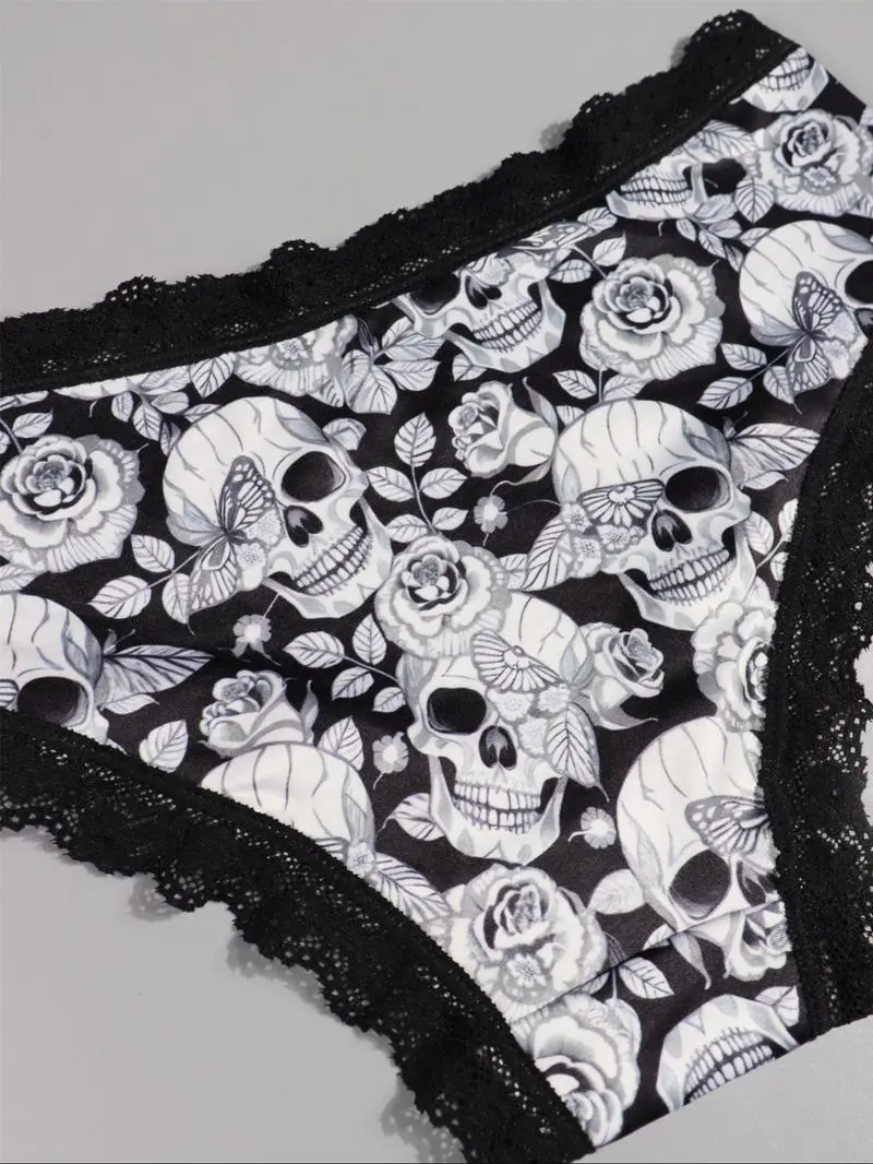 Women Cute Gothic Halloween Contrast Lace Hipster Panties, Contrast Binding Boyshorts