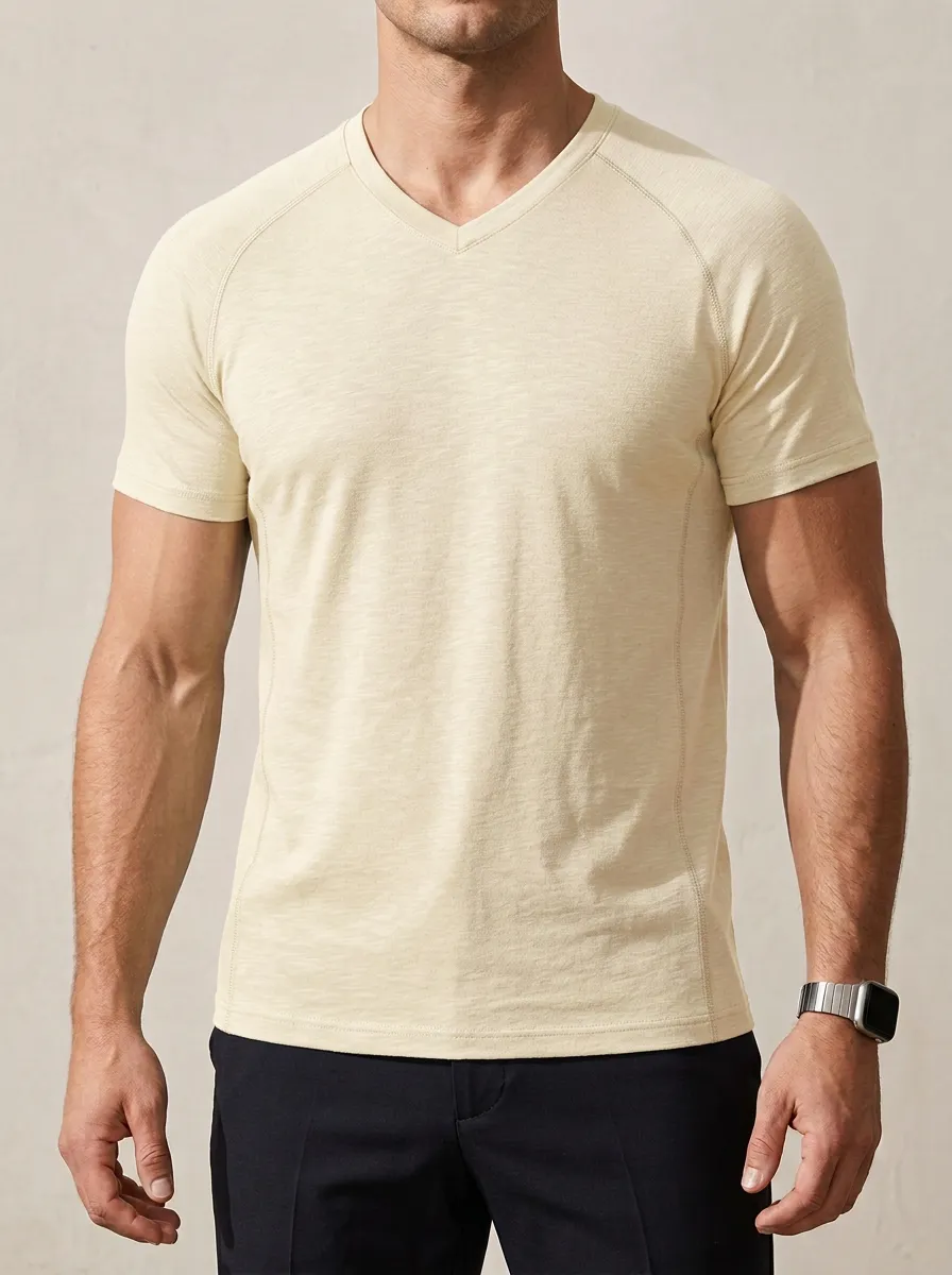 Casual Raglan Sleeve V-Neck Core Style Men's Slim Fit Short Sleeve T-Shirt