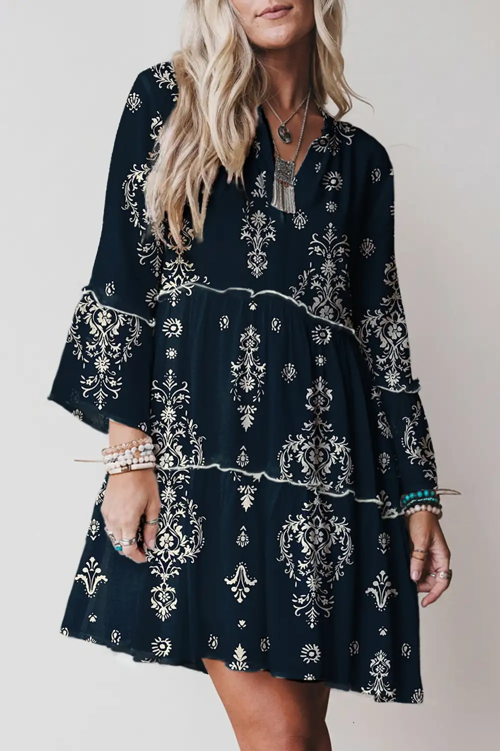 Boho Floral Print Lettuce Trim Sleeve Mini Dress