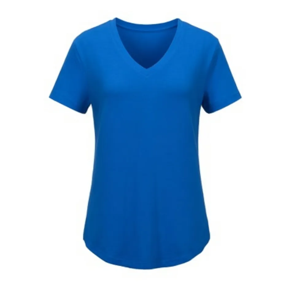 Women's Casual V-Neck Solid Color T-Shirt with Curved Hem
