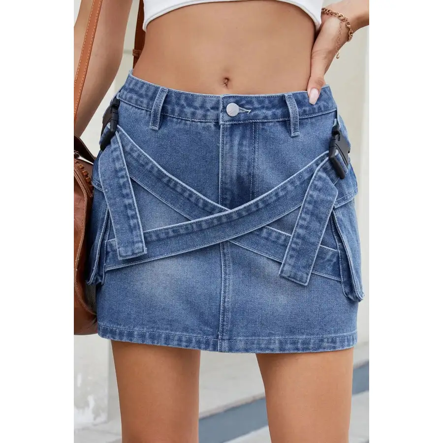 Criss-cross Waist Detail Denim Mini Skirt