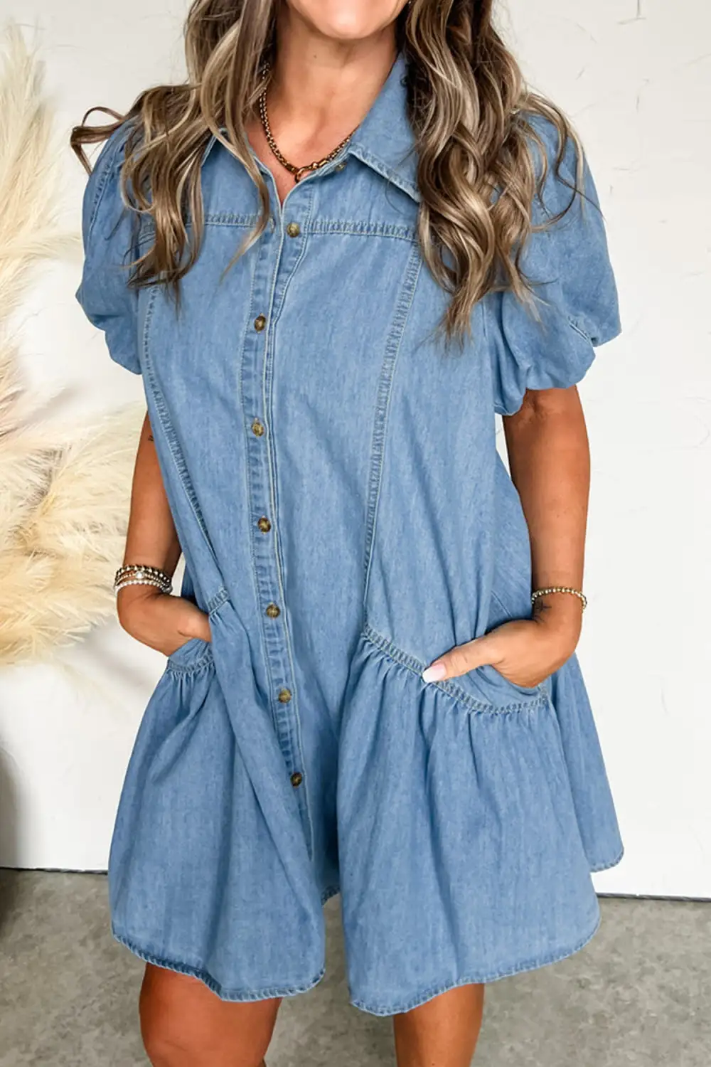Patchwork Denim Button Front Dress Casual