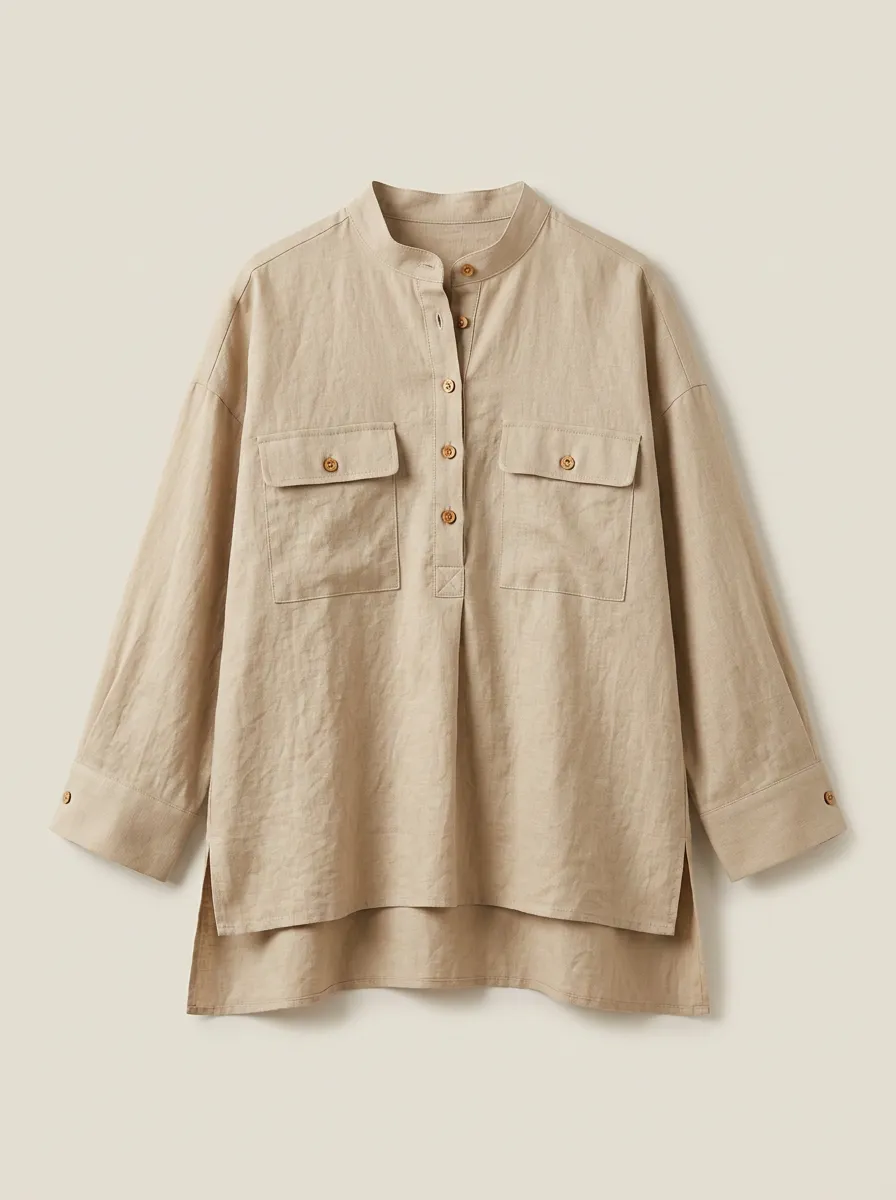 Women's Casual Beige Linen Blend Button-Down Pocket Shirt
