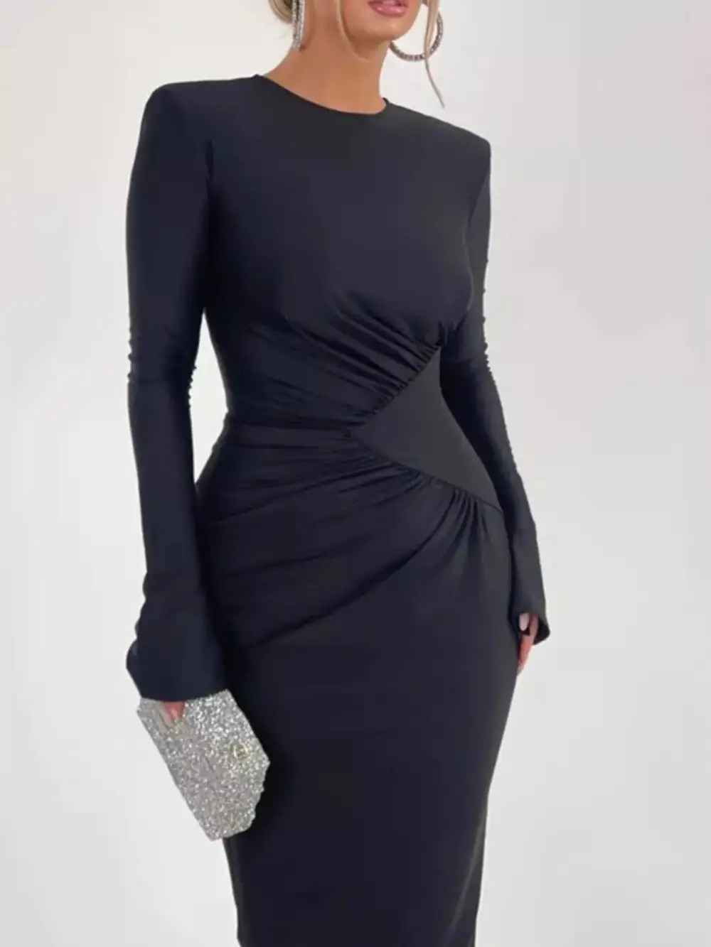 Lightweight Feel Ruched Long Sleeve Maxi Dress