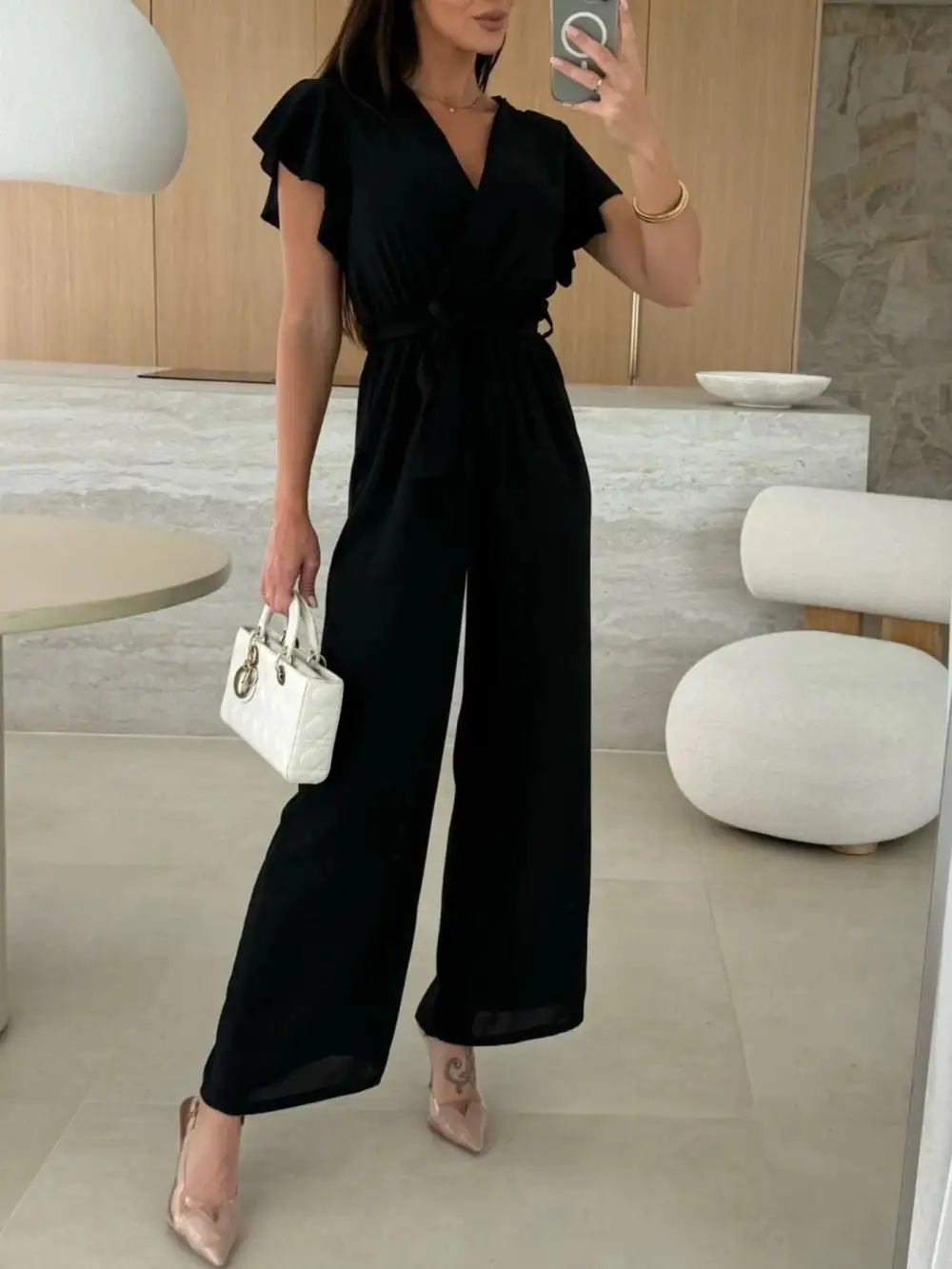 Surplice Wide Leg Belted Jumpsuit Pants