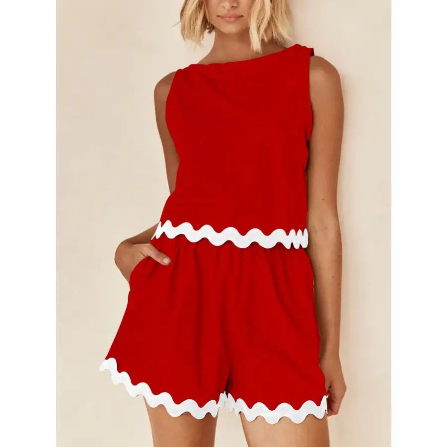 Contrast Trim Round Neck Tank and Shorts Set