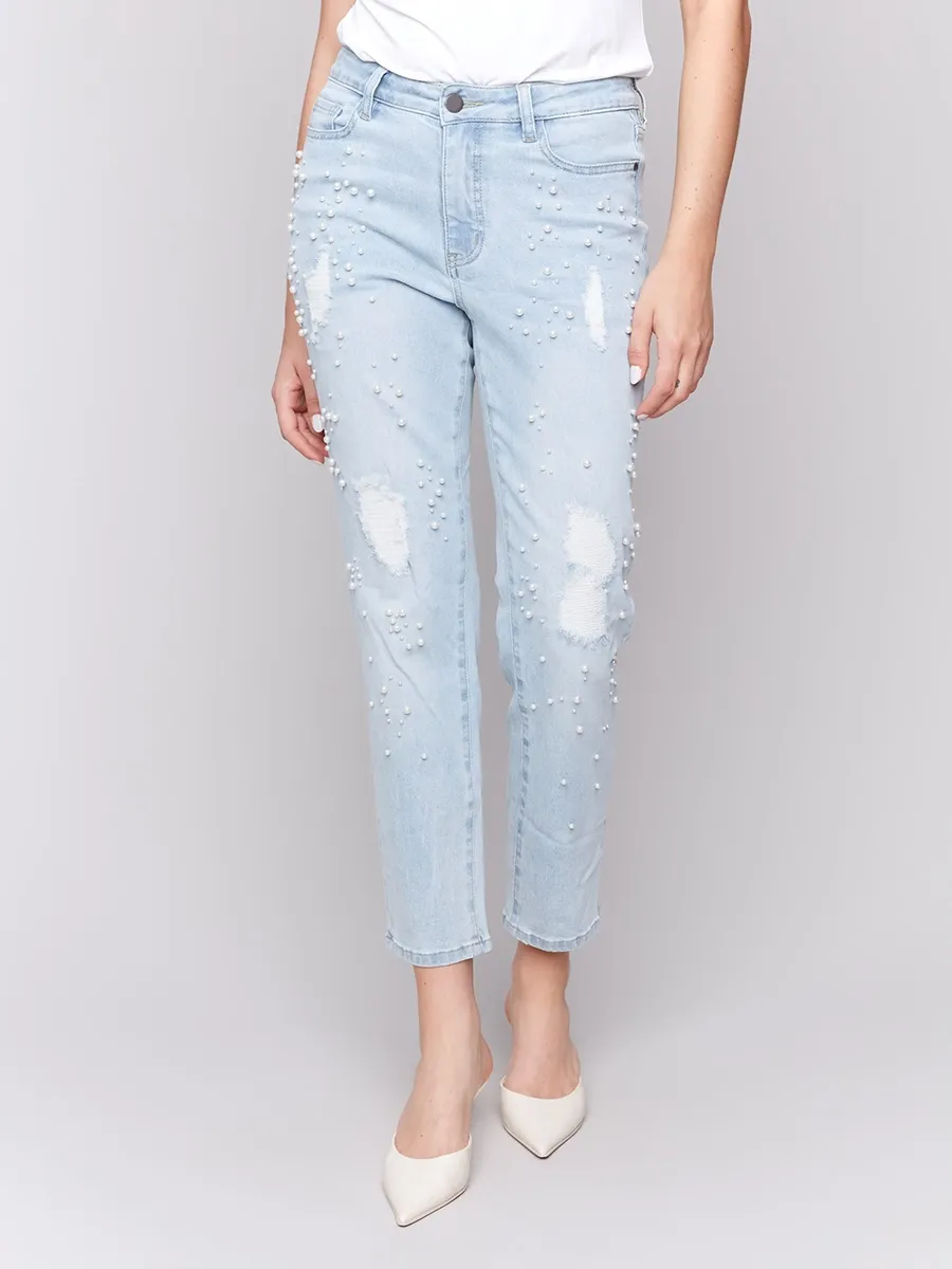 Creative Pearl Fashion Distressed Cotton Jeans