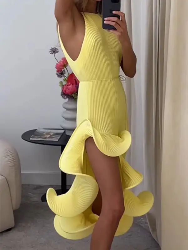 Ribbed Ruffle Sleeveless Dress Casual