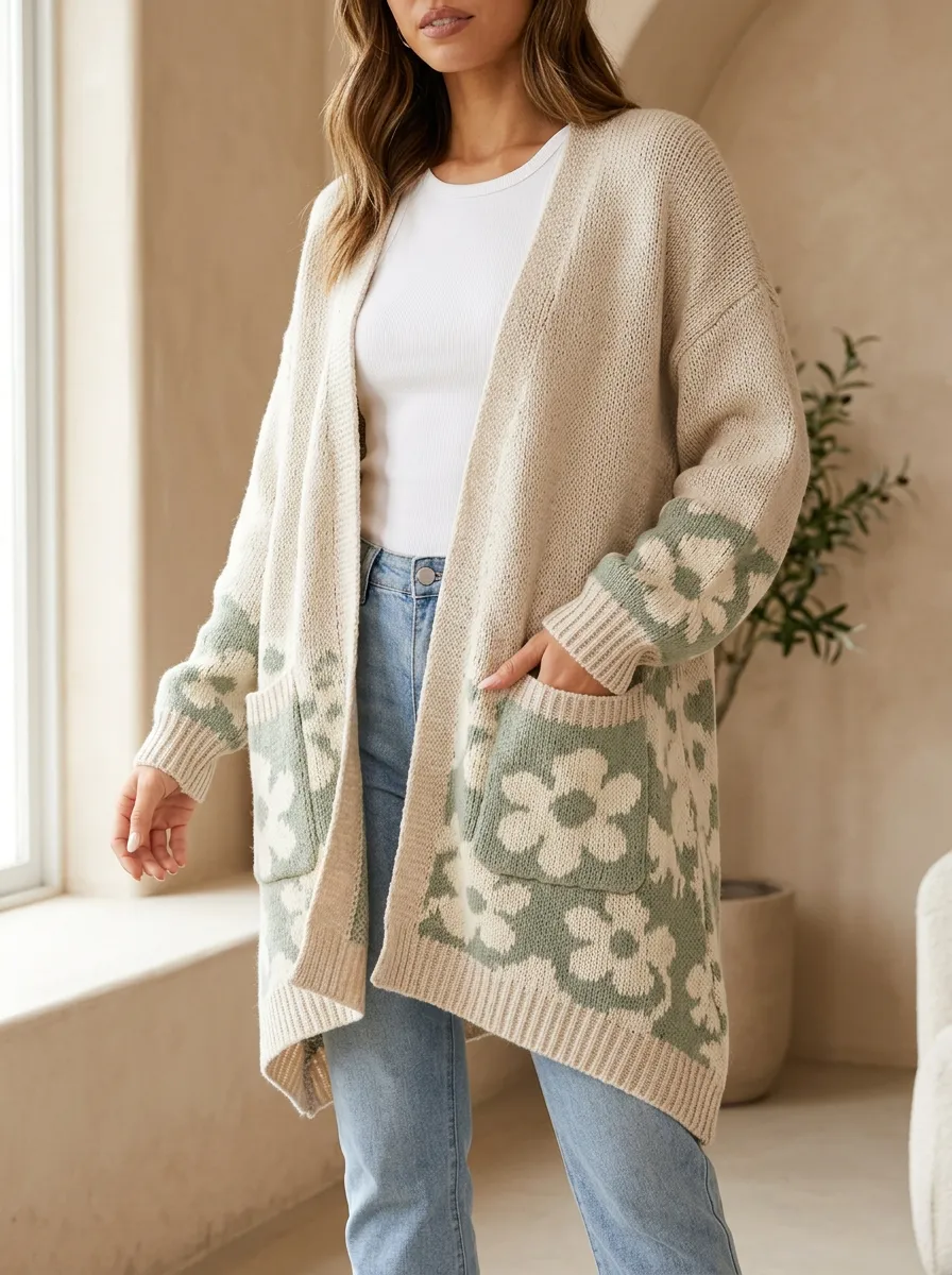 Women's Floral Pattern Knit Long Cardigan