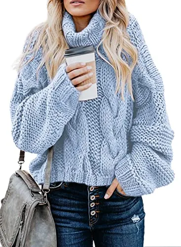 Women's 2025 Turtleneck Balloon Long Sleeve Casual Loose Chunky Cable Knit Pullover Sweater Outerwear