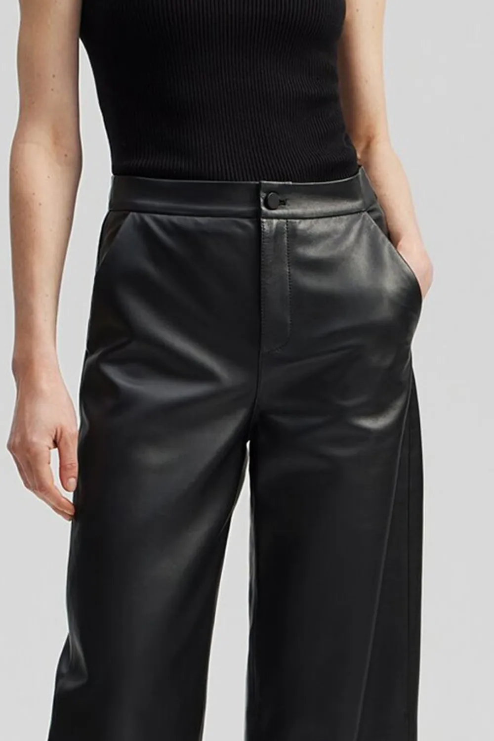 High Rise Wide Leg Leather Trousers