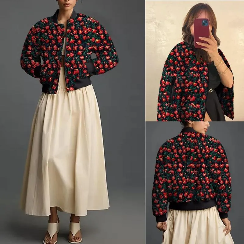 Women's Ramie Linen Embroidered Daisy Cropped Bomber Jacket with Quilted Puffer Sleeves & Two Side Pockets Outerwear