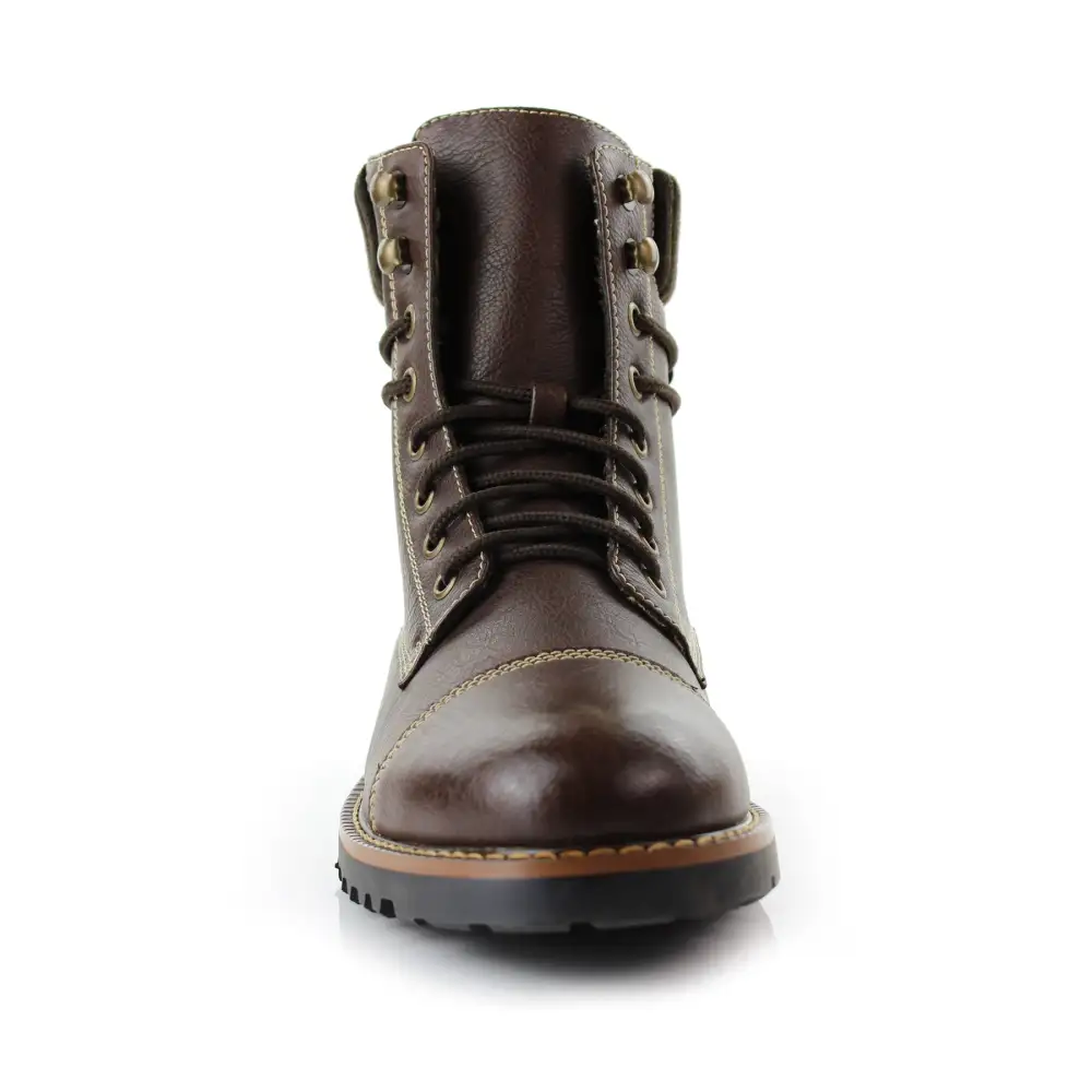 Faux-Leather Lace-Up Stitched Motorcycle Boots