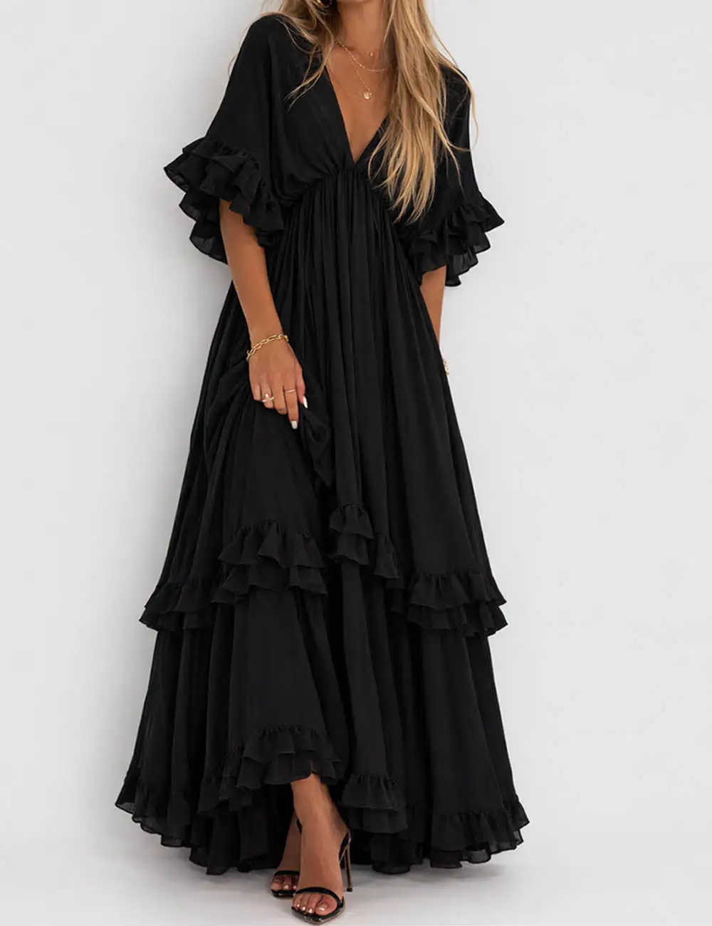 Chic V Neck Ruffle Sleeves Tiered Midi Dress