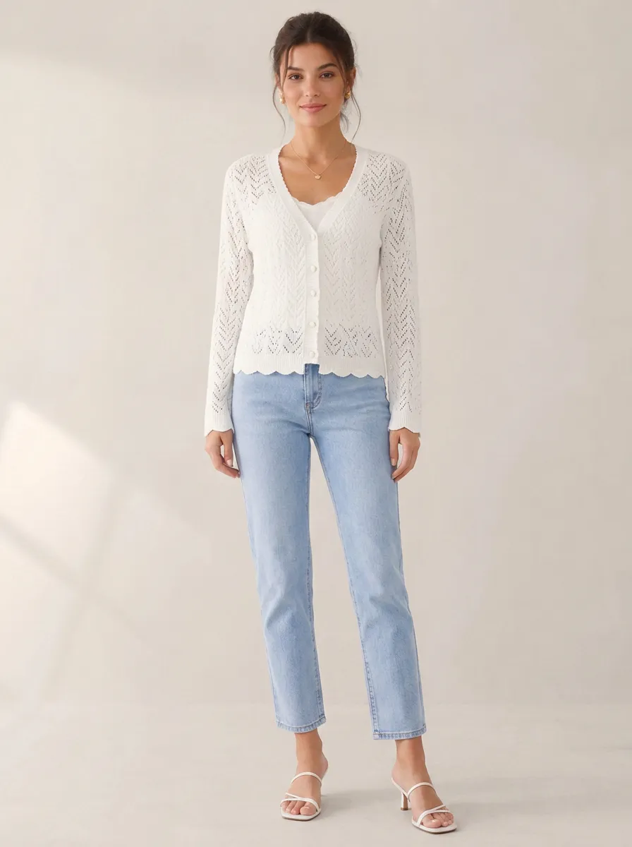 Women's Casual White Crochet Pattern Knitted Cardigan