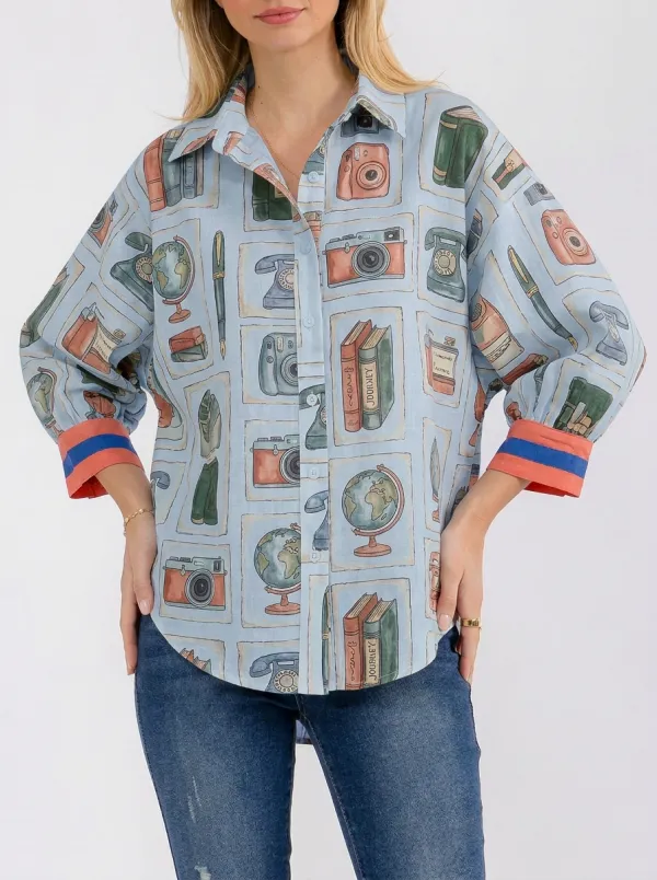 Women's Vintage Travel Hobby Camera Globe Book Printed Shirt