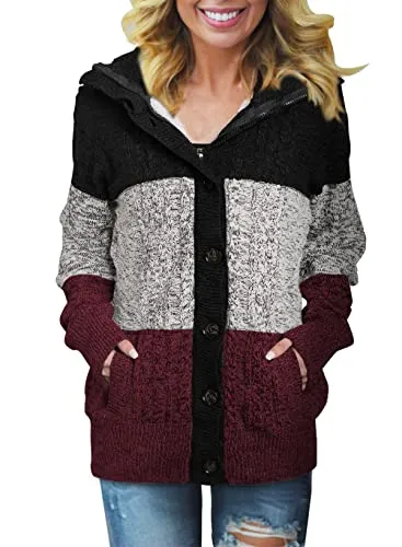 Women Hooded Knit Cardigans Button Cable Sweater Coat