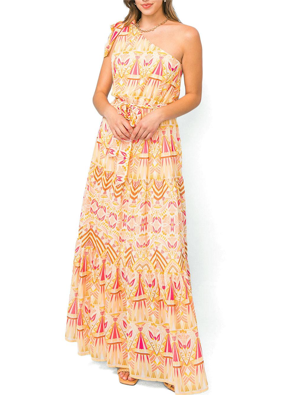 Peach - Colored One - Shoulder Maxi Dress