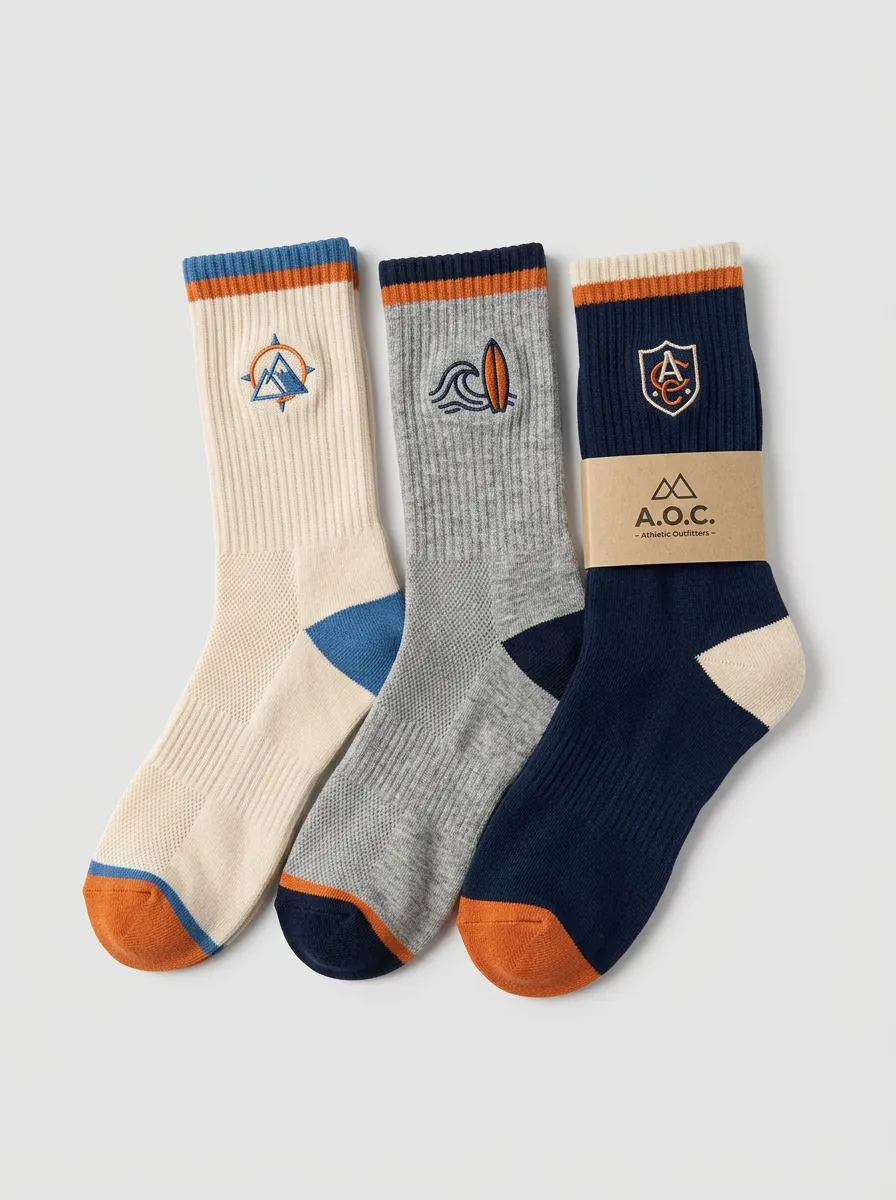 Unisex Mountain Outdoor Adventure Three-Pair Embroidered Crew Socks