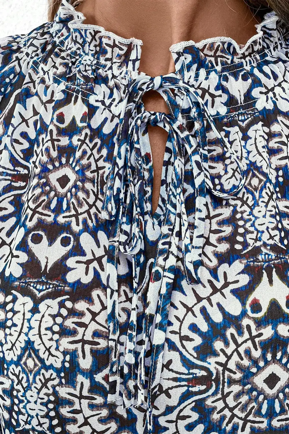 Blue Tribal Print Lace-Up Frilled Neck Puff Sleeve Blouse