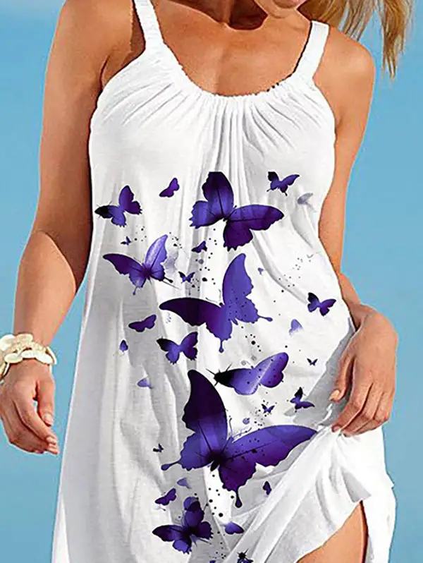 A Line Relaxed Butterfly Print Pleated Spaghetti Neck Mini Dress