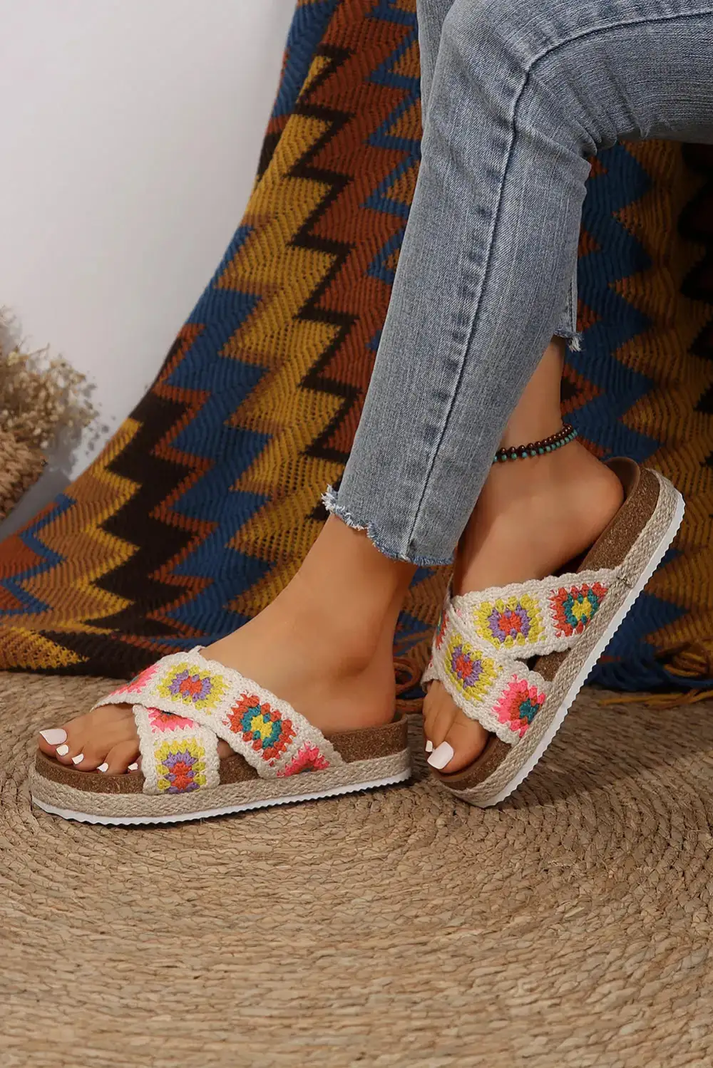 Geometric Woven Platform Slide Sandals