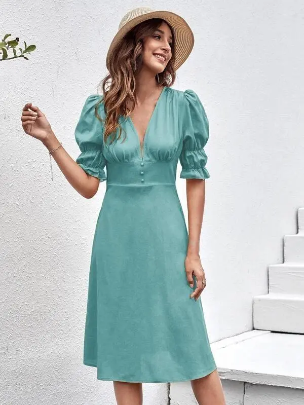 Women Ruffle Cuff Button Front Dress