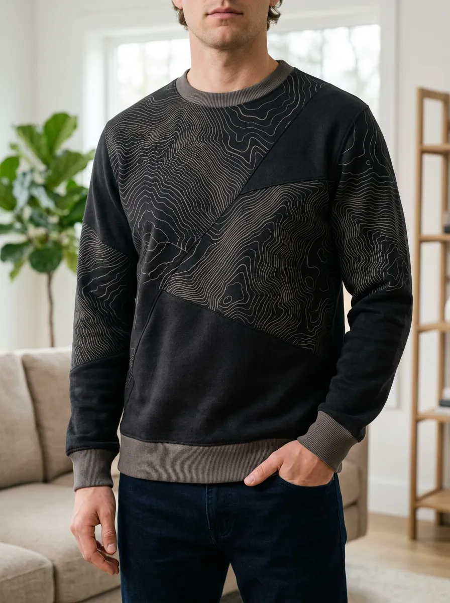 Men's Topographic Print Paneled Crewneck Sweatshirt