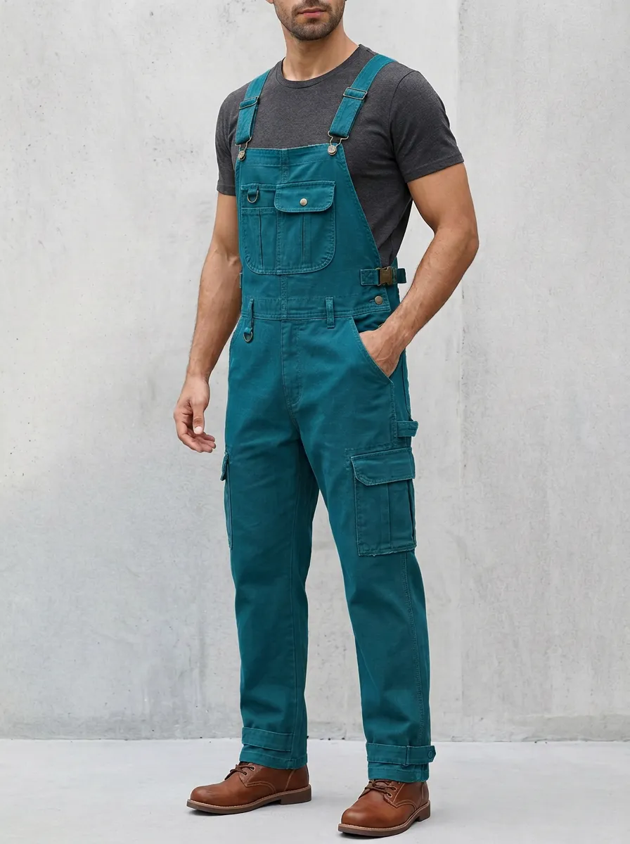 Men's Brown Multi-Pocket Cargo Bib Overalls