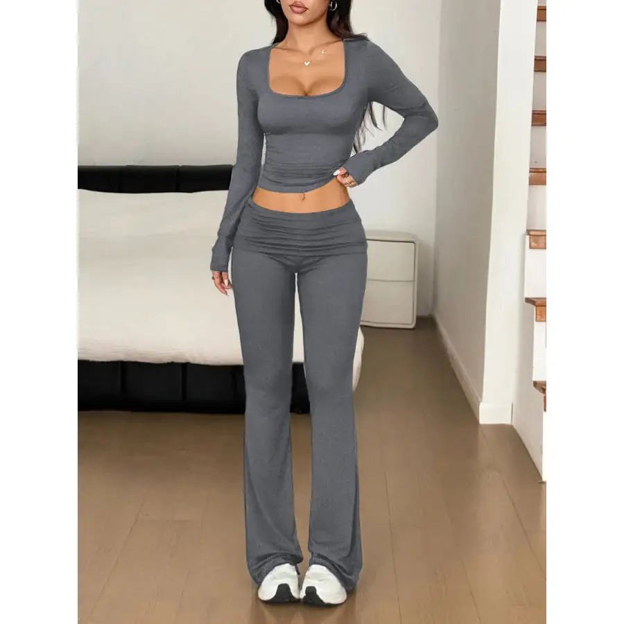 Long Sleeve Crop Top and Bootcut Pants Set