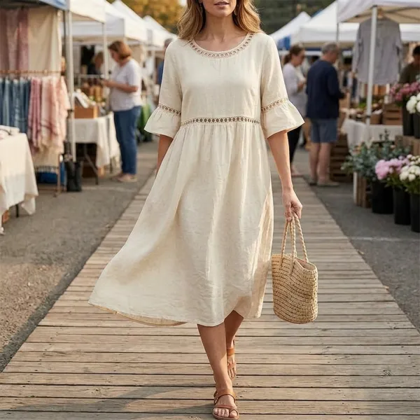 Lace Trim Linen Blend Cotton Blend Midi Dress