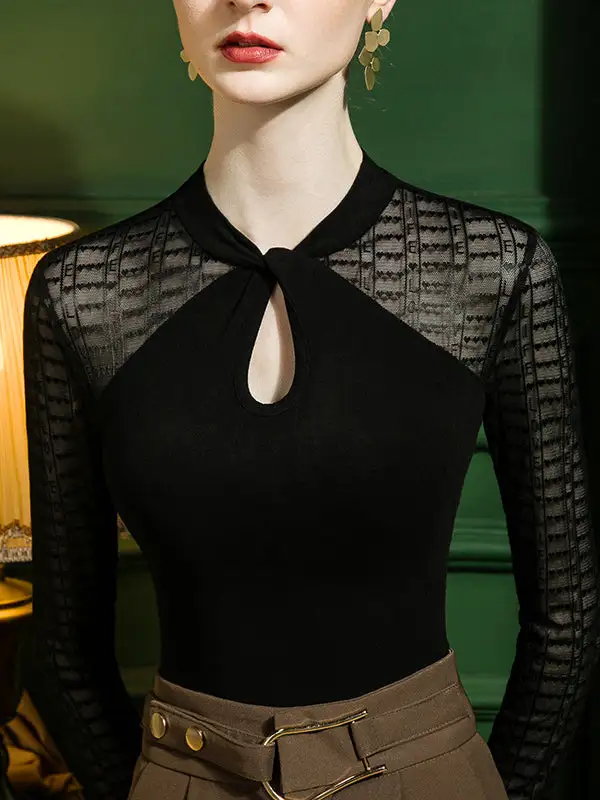 Long Sleeve Curve Fit Cutout Jacquard Panel Detail Round Neck T-Shirt