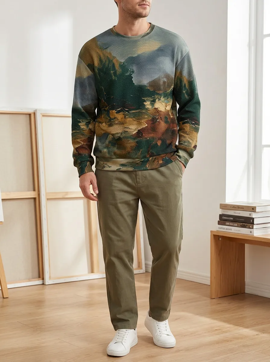 Men's Multi-Color Landscape Waffle Knit Crewneck Sweatshirt