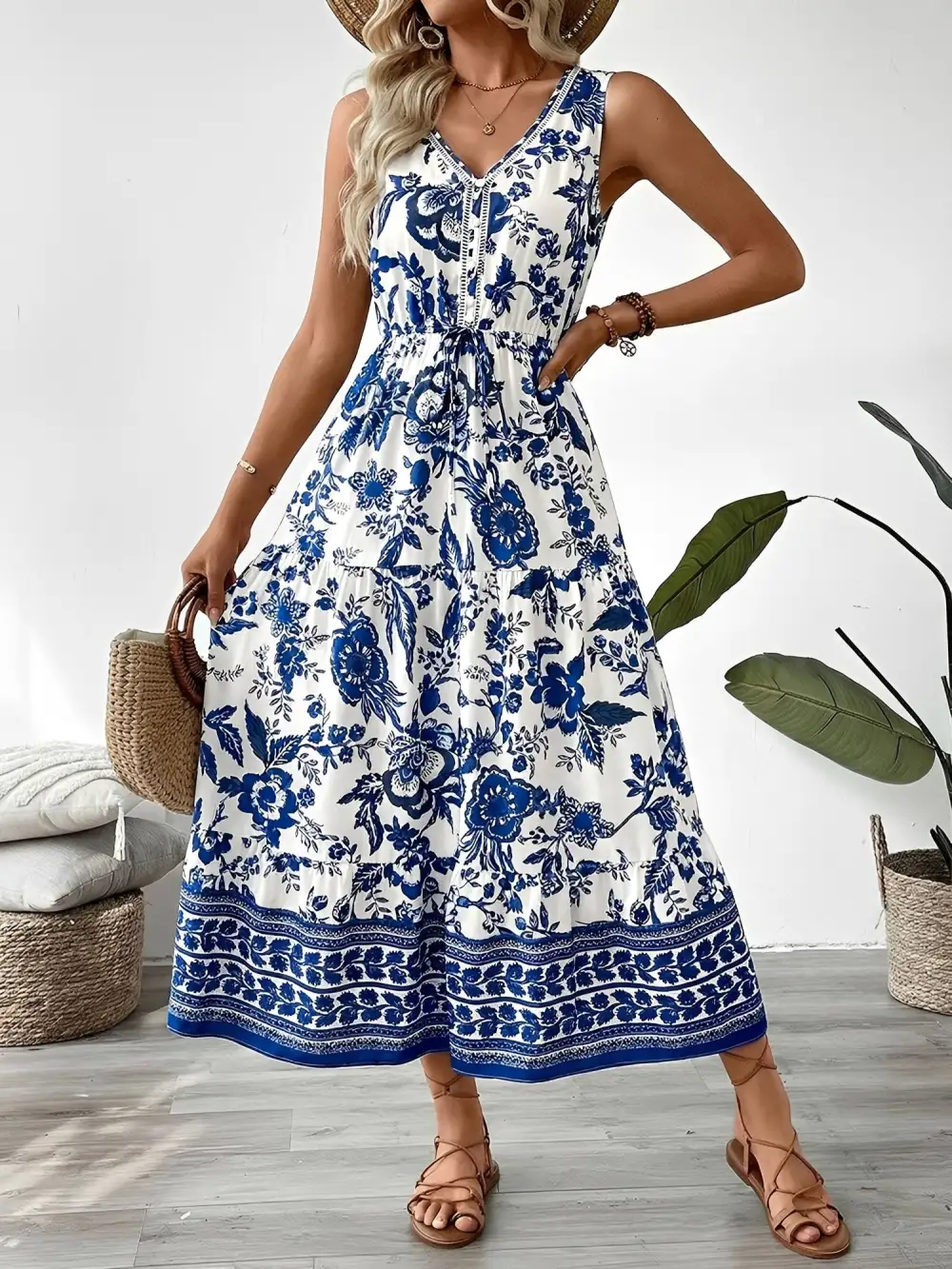 Vacation V-Neck Sleeveless Boho-Print Midi Dress