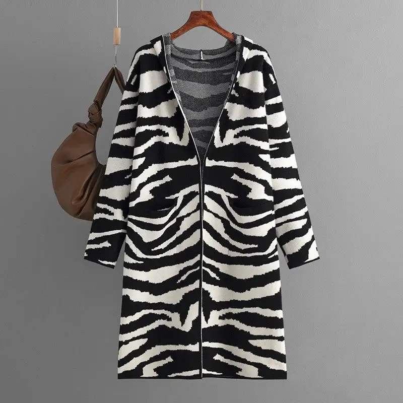 Hooded Zebra-Print Relaxed Outerwear Coat