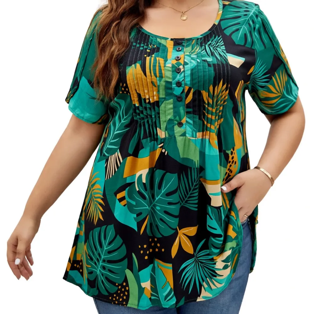 Women's Plus Size Summer Waist-Cinching Top with Round Neck and Printed Casual Short Sleeves