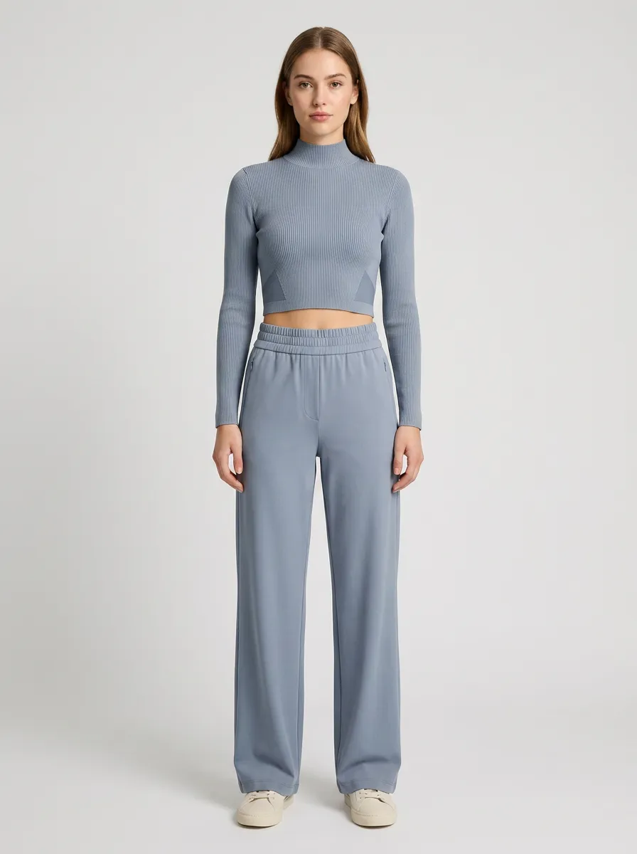 Women's Casual Blue Ribbed Mock Neck Crop Top Wide Leg Pants Set