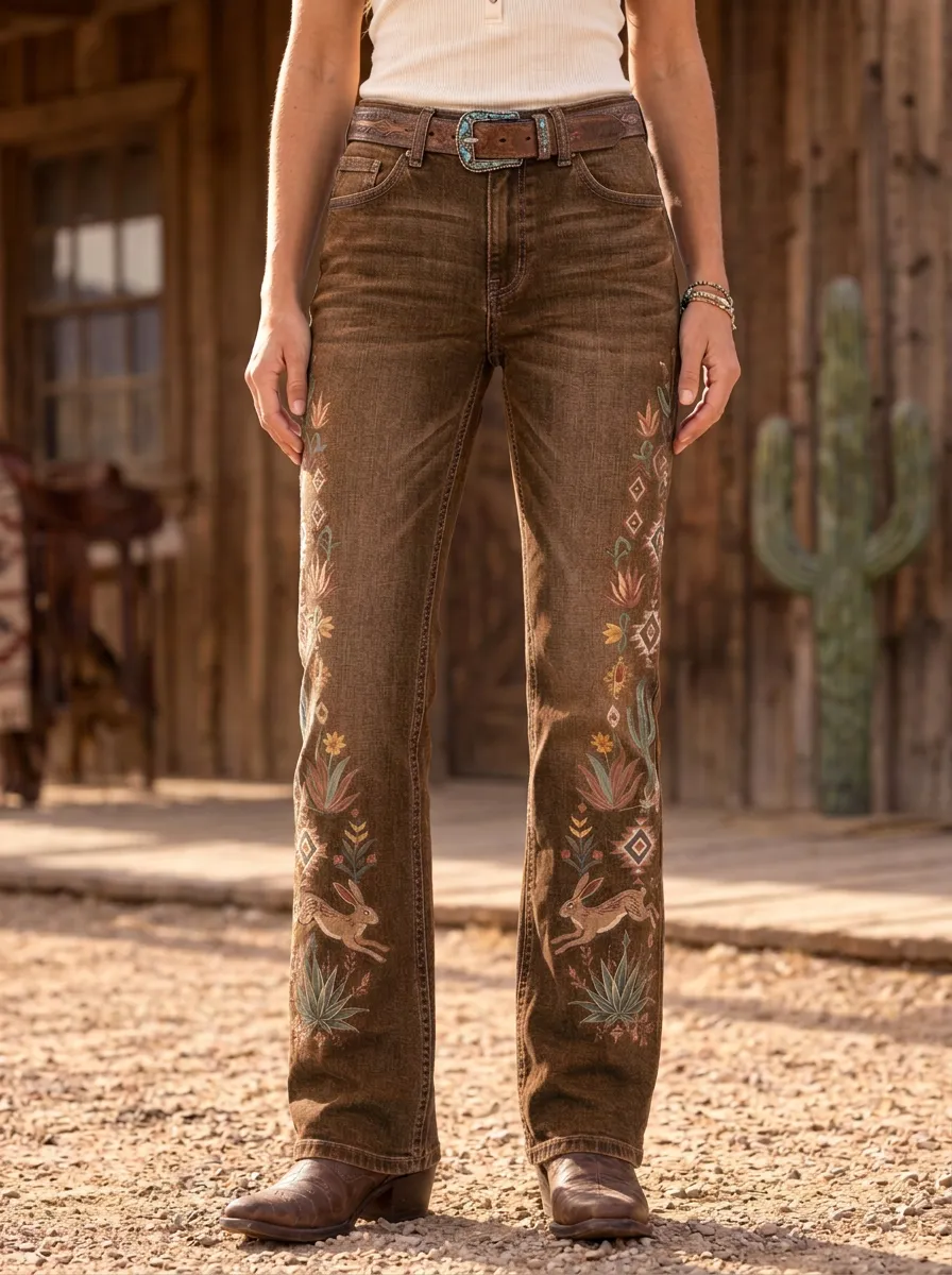 Women's Western Cowboy Floral Embroidery Floral Embroidered Jeans