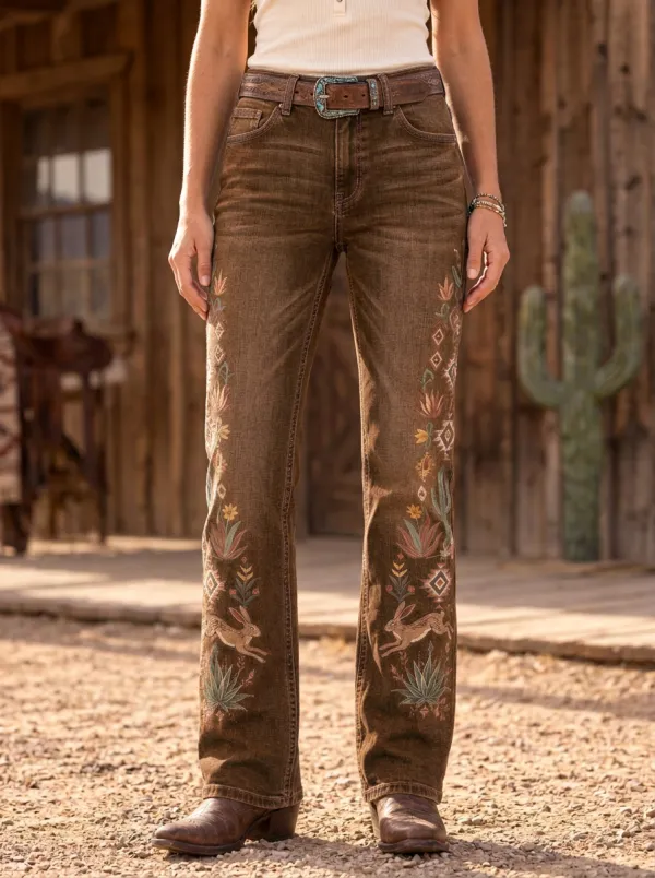Women's Western Cowboy Floral Embroidery Floral Embroidered Jeans