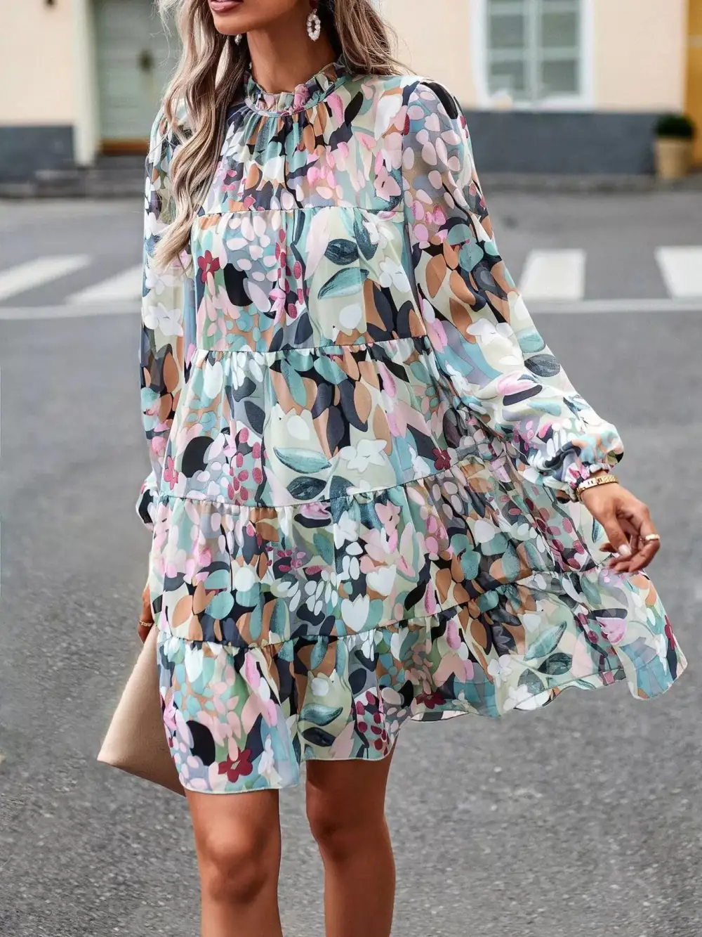 Wearable Cut Printed Long Sleeve Mini Dress