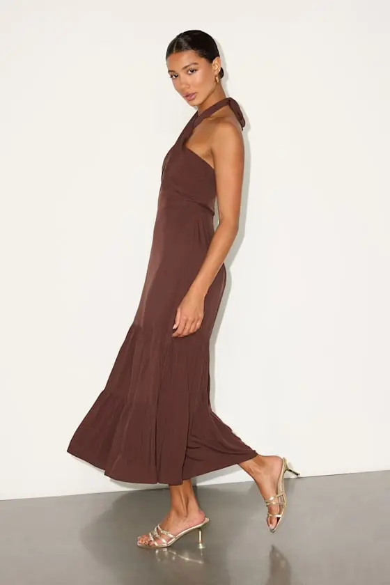 Always Eye-Catching Brown Tiered Halter Midi Dress