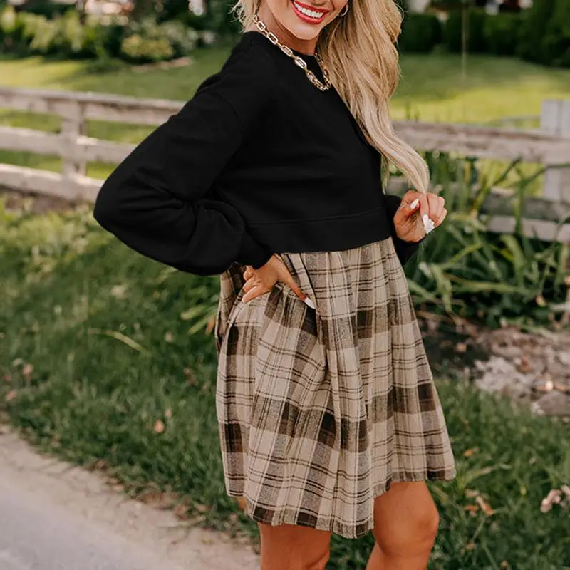 Beige Plaid Patchwork High Waist Sweatshirt Mini Dress