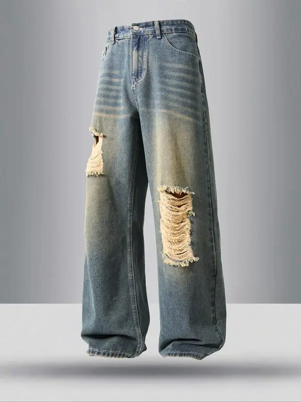 Men's Vintage Wash Pocket Wide Leg Jeans, Loose Casual Comfy Denim Pants for Daily Wear, Woven Bottoms for All Seasons