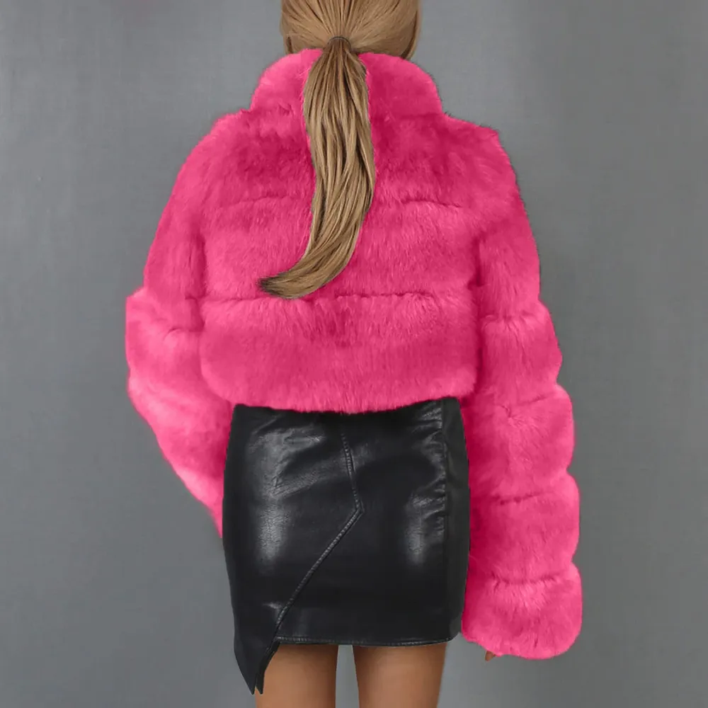 X1-Hot Pink Faux Fur Coat Women with Hood Cropped Bubble Coats Fleece Short Warm Jackets Plus Size Winter Coats for Women