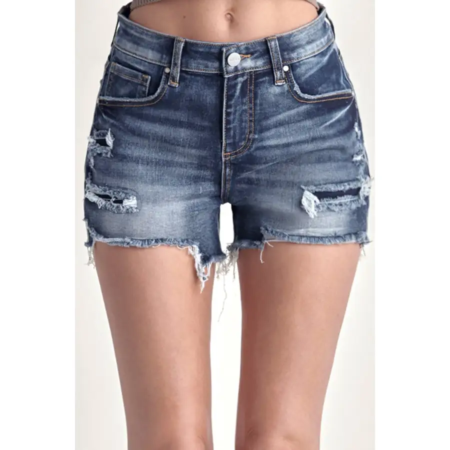 Mid Rise Raw Hem Denim Shorts