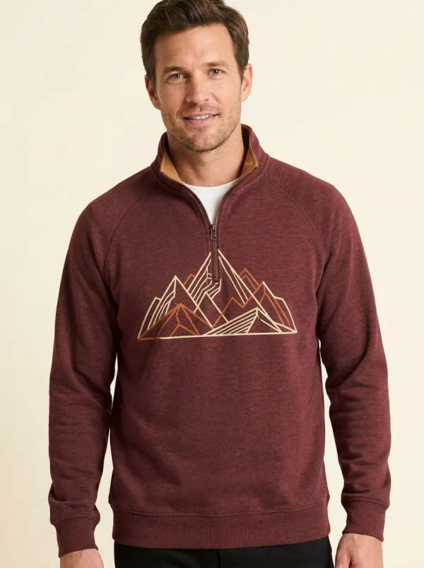 Men's Hiking Mountain Line-Art Graphic Zip-Neck Sweatshirt