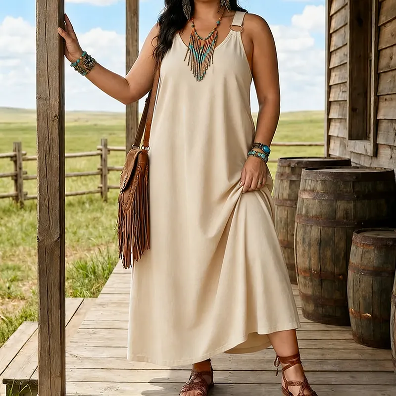 Women’s Sleeveless Denim Maxi Dress with Adjustable Cross Back Straps