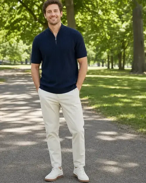 Men's Short Sleeve Zip Mock Neck Knit Top