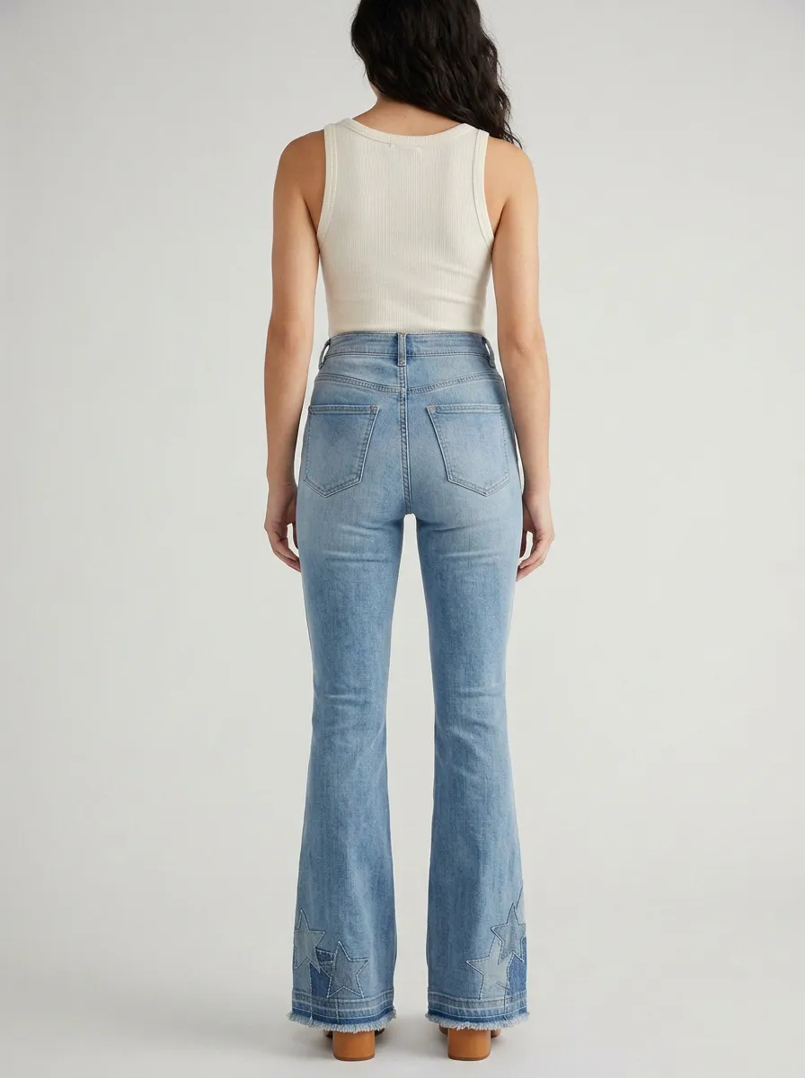 Women's Floral Embroidered Star Patch Print High Rise Flare Jeans