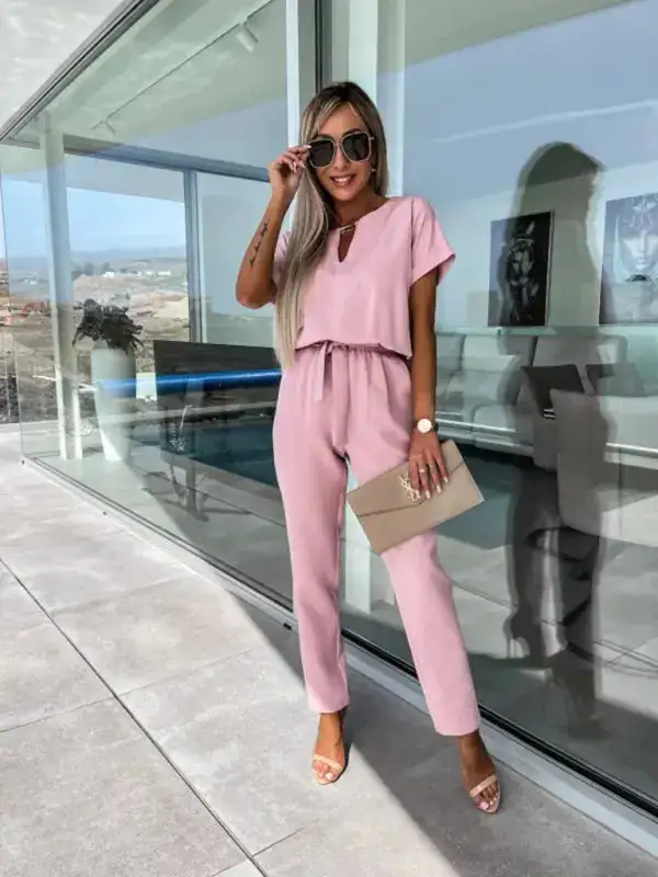 Short Sleeved V Neck Slip Pocket Shorts
